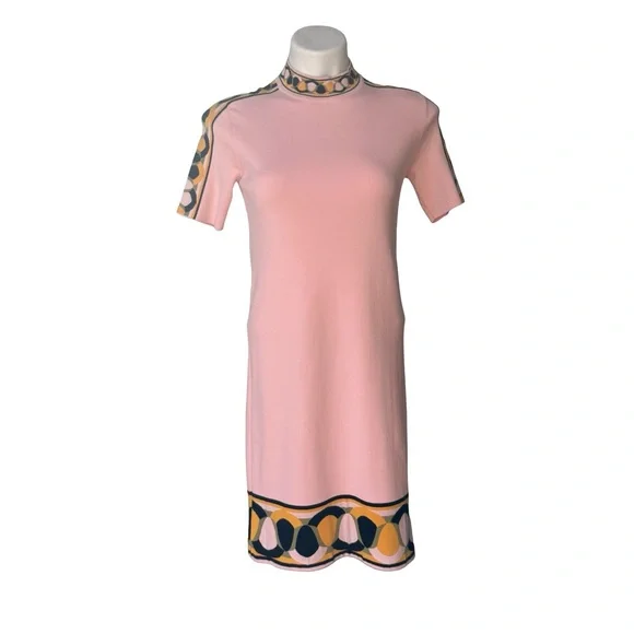 Emilio Pucci Knit Short Sleeve Mock Neck Dress with Geometric Border Trim, Sz XS - Picture 1 of 16